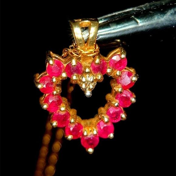Dainty 14K Gold Rubies/Sapphires Heart Necklace - Picture 4 of 12